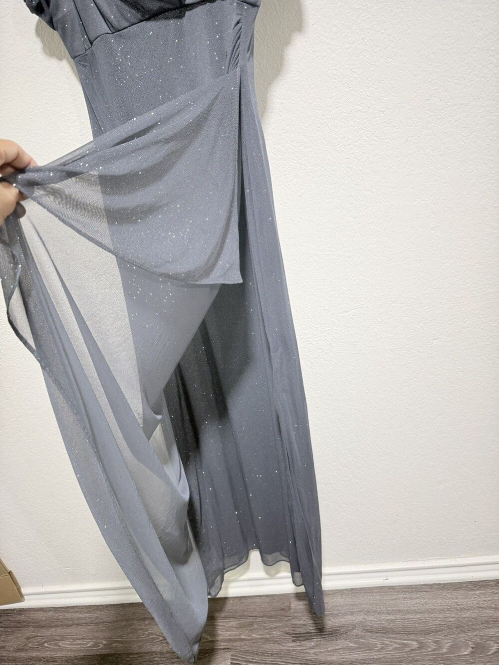 Alex Evenings Gray Glitter Draped Cowl Neck Sleeveless Long Gown Size 16 - Picture 10 of 13
